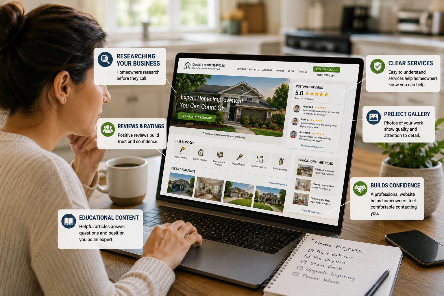Homeowner researching a contractor's website while comparing reviews, services, educational articles, and completed home improvement projects.