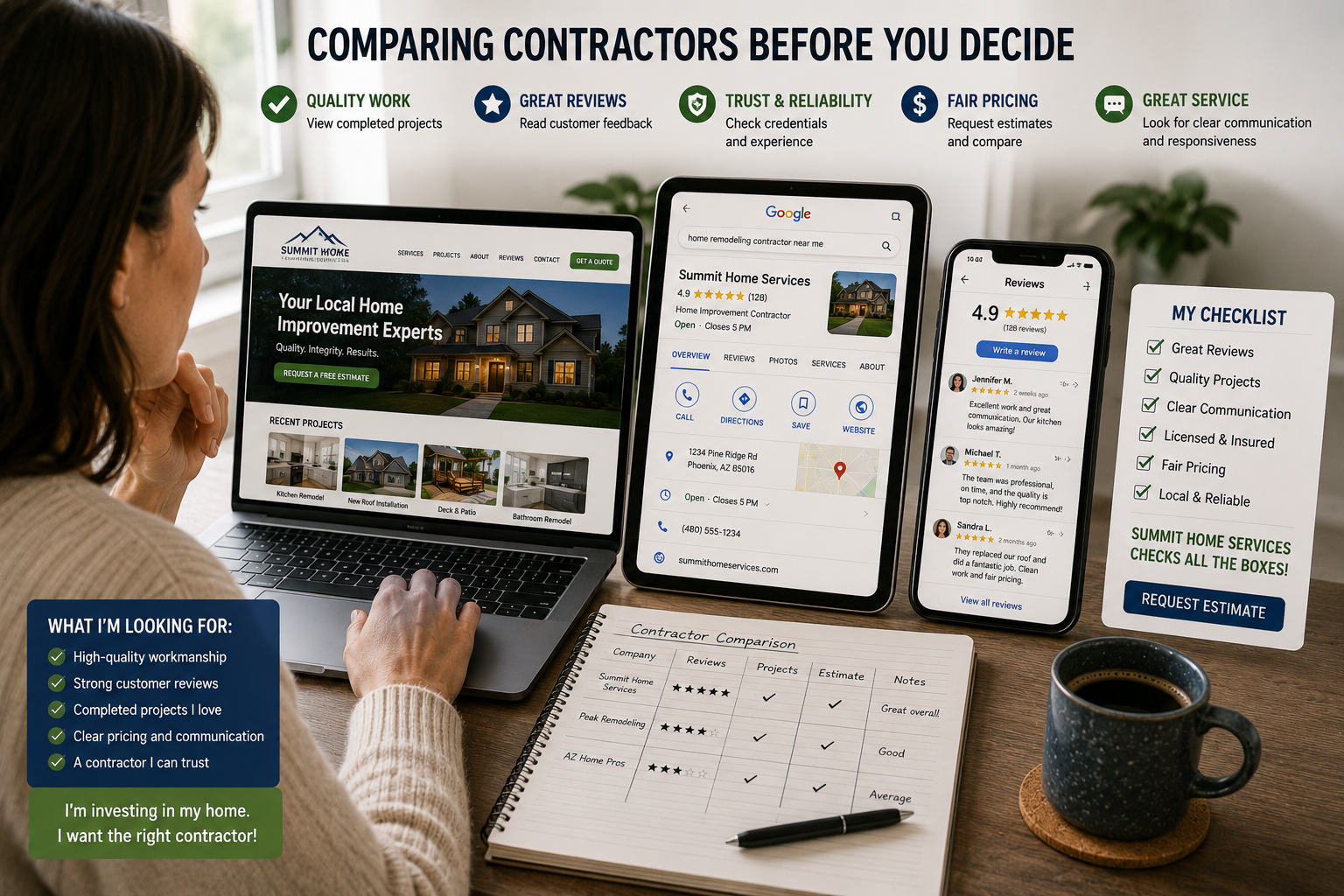Homeowner comparing contractor websites, Google Business Profiles, customer reviews, and completed projects before selecting a company.
