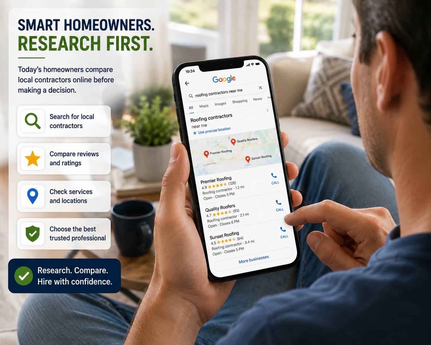 Homeowner searching Google on a smartphone for local contractors while comparing nearby businesses and customer reviews.