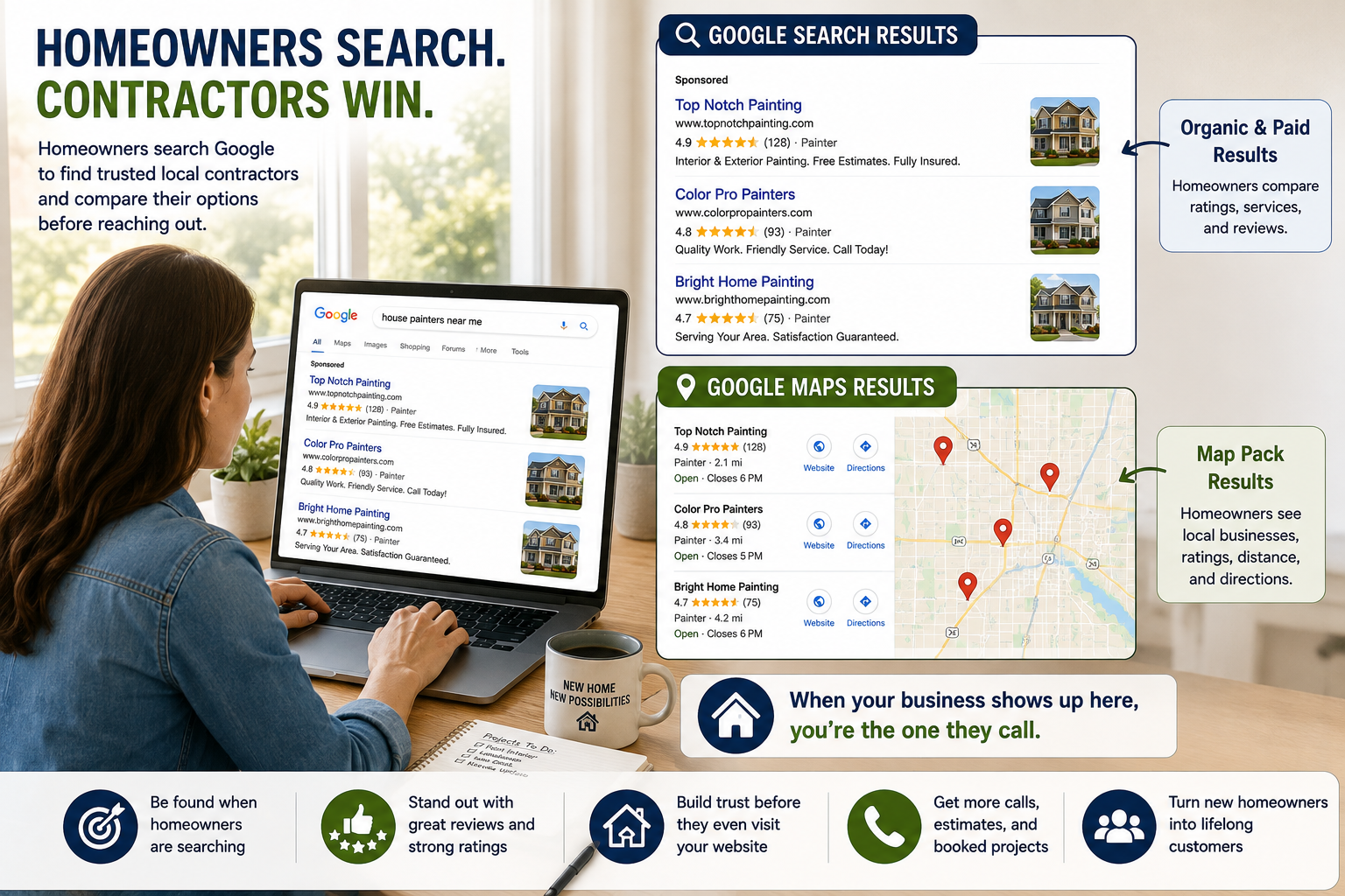 Homeowner using Google to search for local contractors while comparing businesses that appear in Google Search and Google Maps.