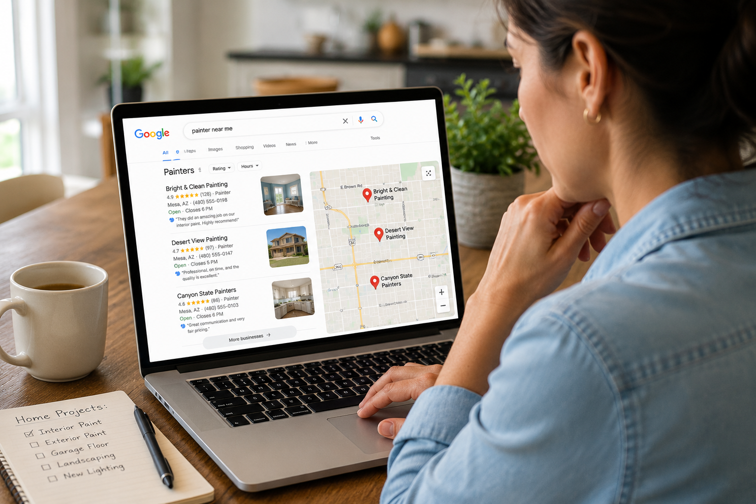 Homeowner comparing local contractors on Google using reviews, ratings, and business profiles before hiring a home service company.