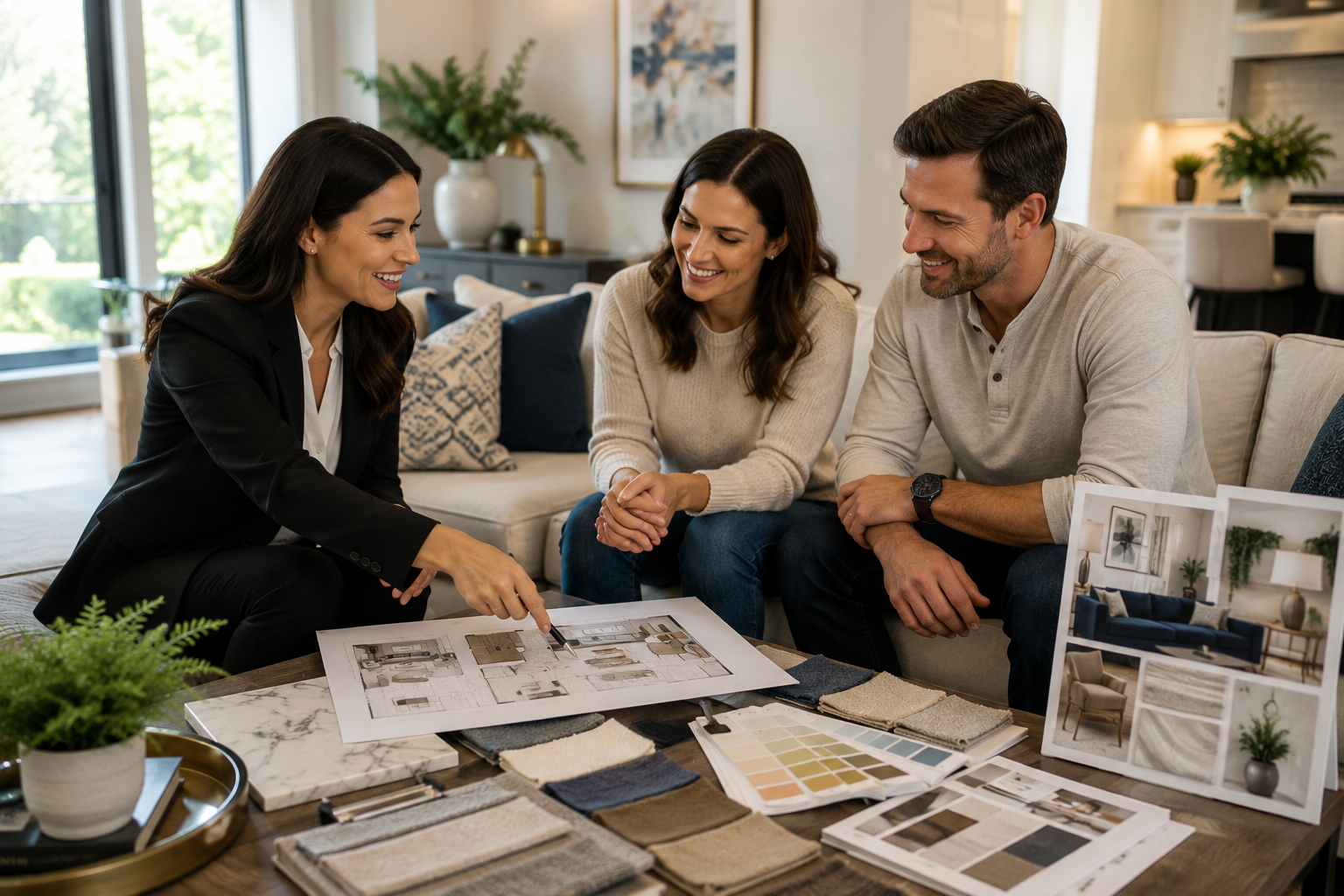 Interior decorator helping homeowners select furniture, colors, and room layouts inside their recently purchased home.