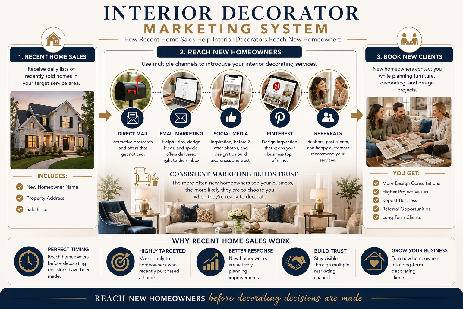 Marketing infographic showing how interior decorators use recent home sales, direct mail, email marketing, social media, referrals, and design consultations to attract new homeowners.
