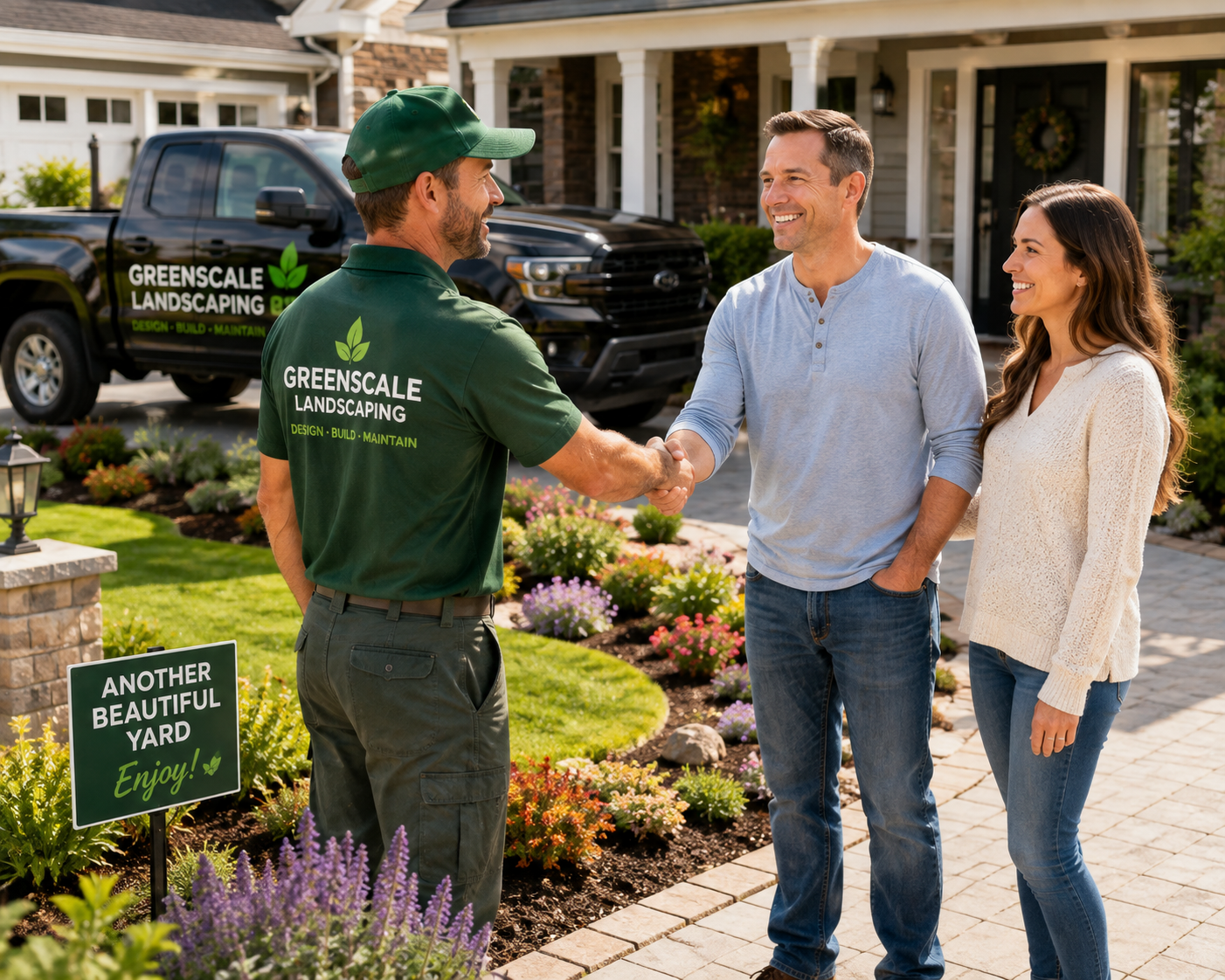Professional landscaper shaking hands with happy new homeowners after completing a front yard landscaping project at a recently purchased home.