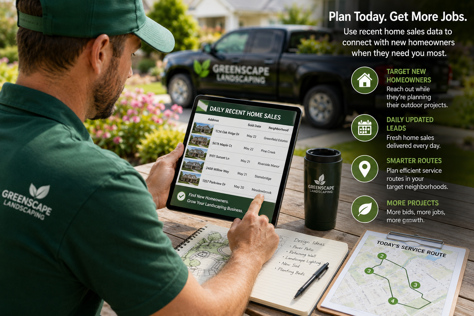 Professional landscaper reviewing Recent Home Sales Leads on a tablet while planning landscaping projects and daily service routes.