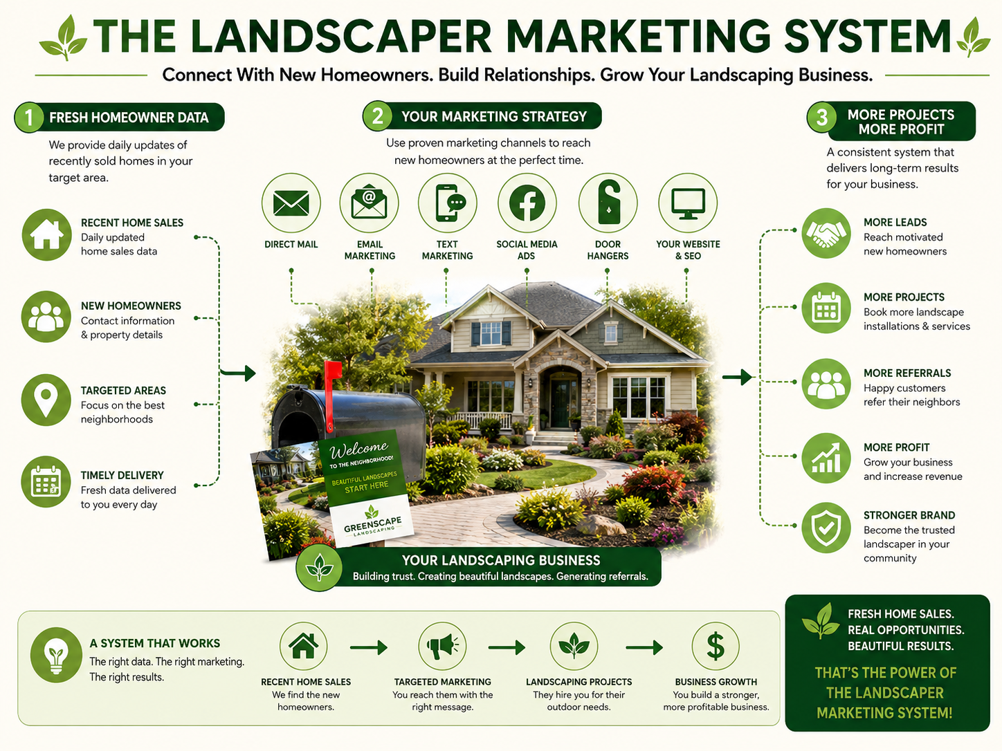 Landscaping Contractor Marketing System infographic showing how recent home sales, direct mail, email marketing, social media, Pinterest, referrals, and neighborhood marketing generate landscaping customers.