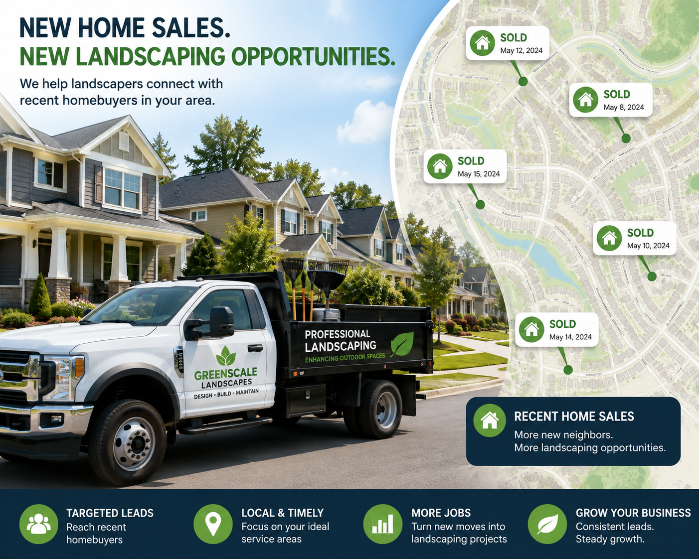 Professional landscaping truck marketing to multiple recent home sales within the same neighborhood to generate landscaping projects.