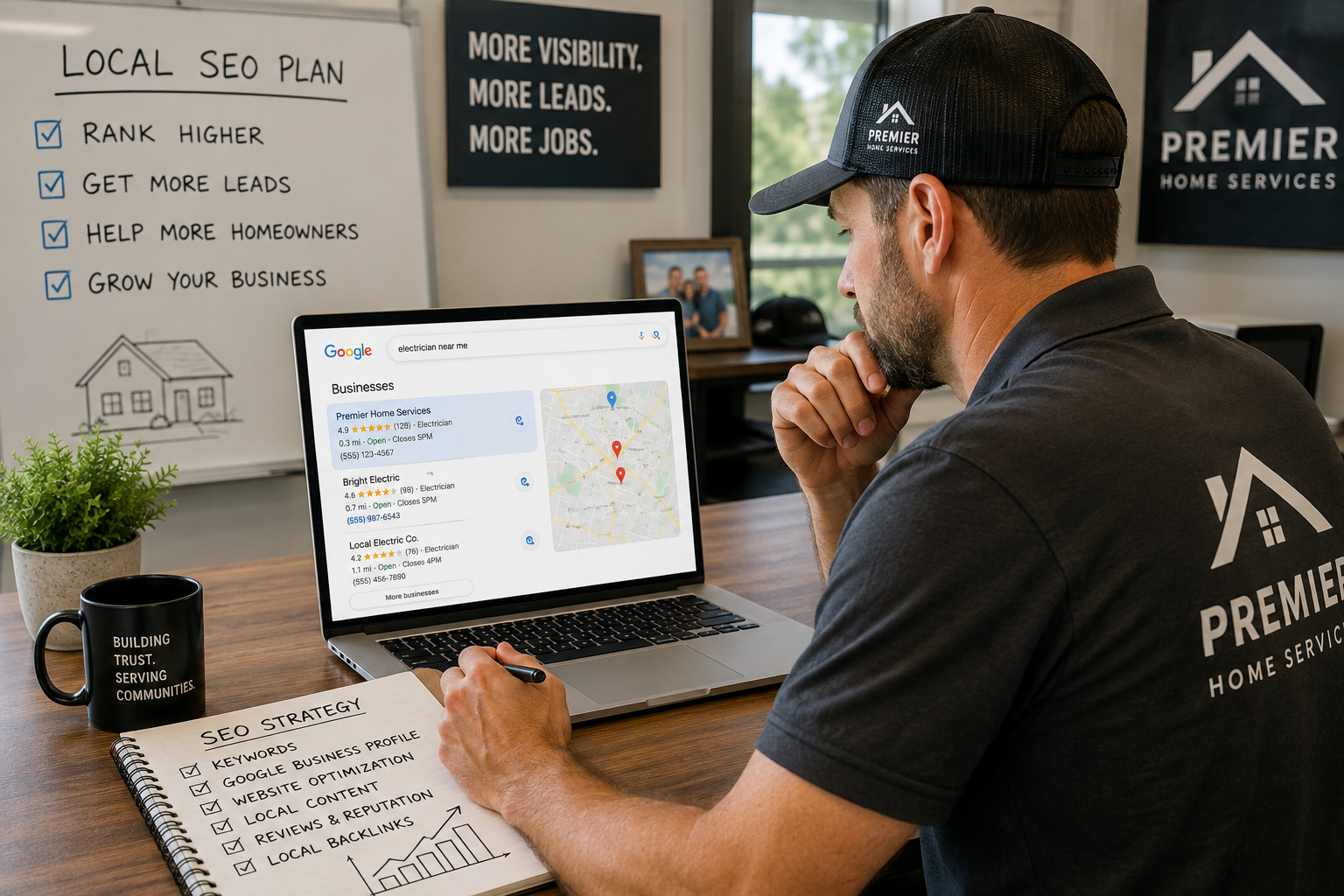 Professional home service contractor reviewing local Google search rankings while planning an SEO strategy to attract nearby homeowners.