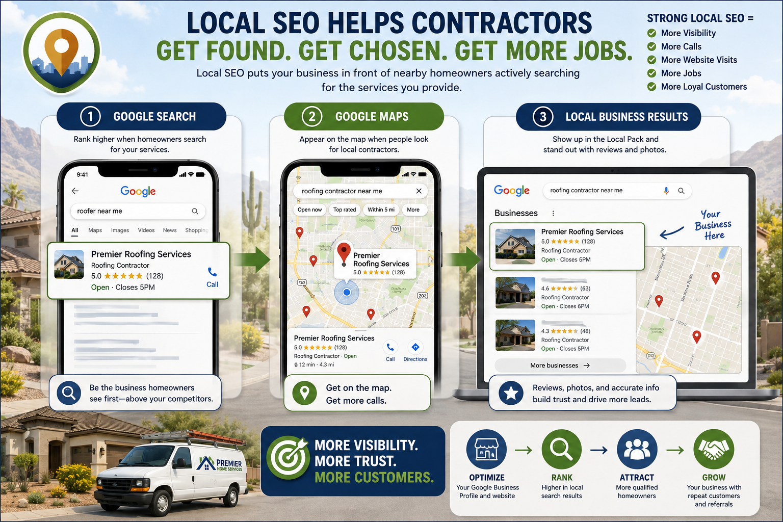 Illustration showing local SEO helping contractors improve visibility in Google Search, Google Maps, and local business results.