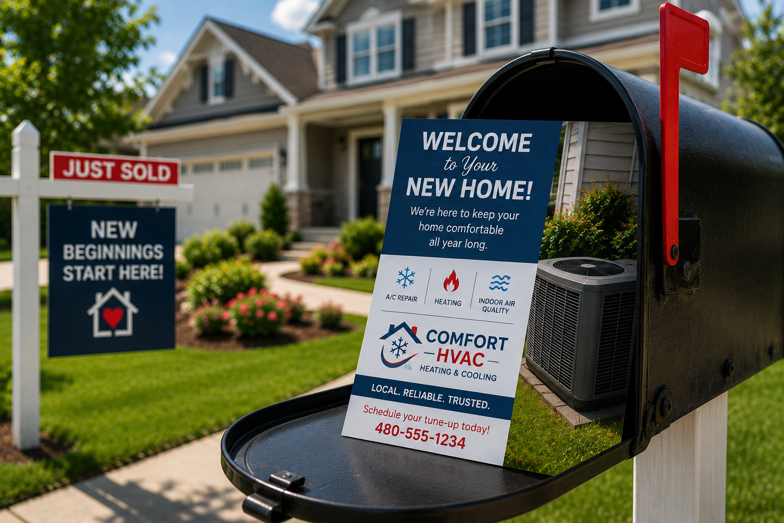 Direct mail marketing to a recent home buyer promoting HVAC services.Direct mail marketing to a recent home buyer promoting HVAC services.