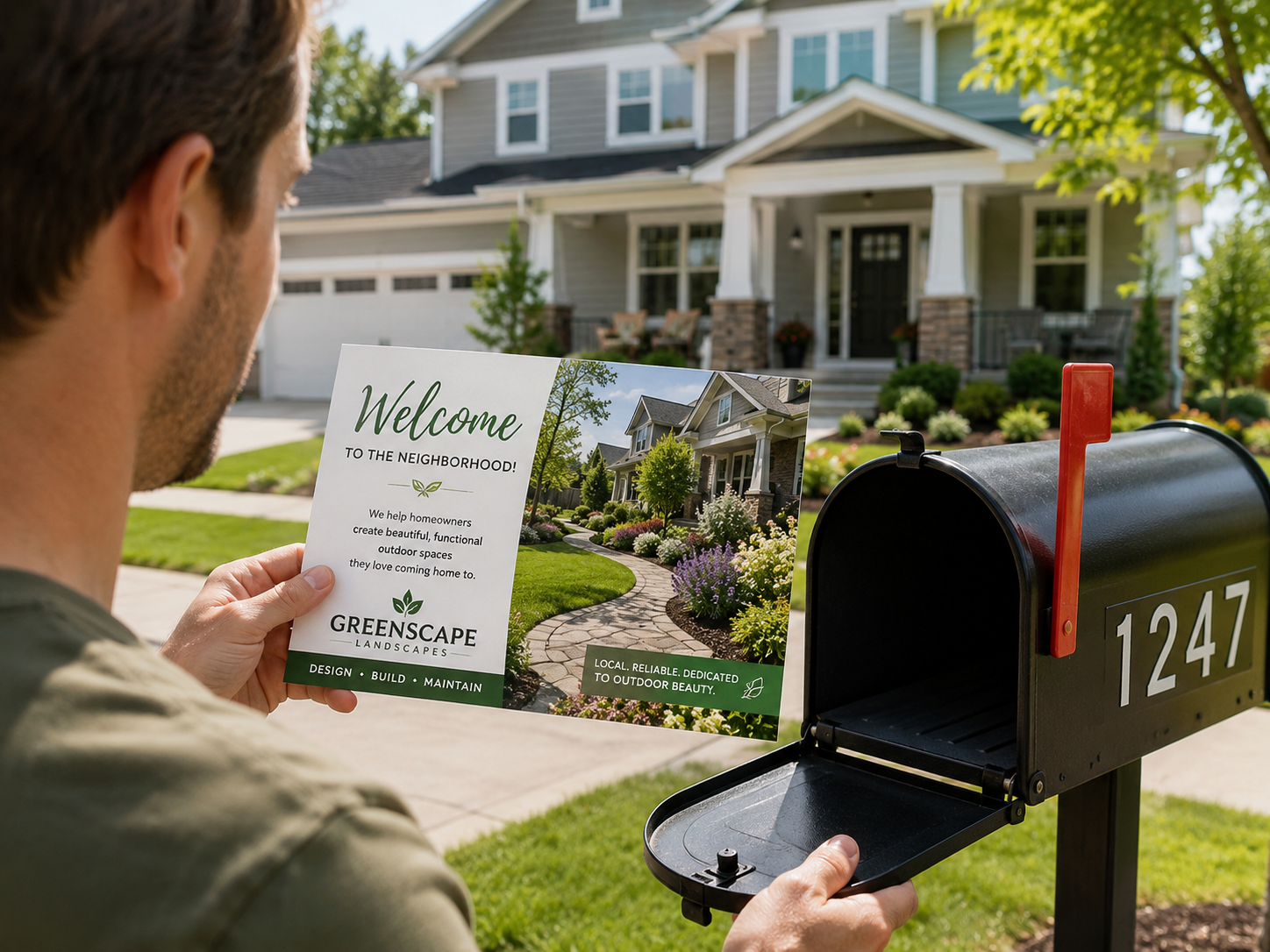 Mailbox containing a landscaping welcome postcard in front of a recently purchased home promoting landscaping services to new homeowners.