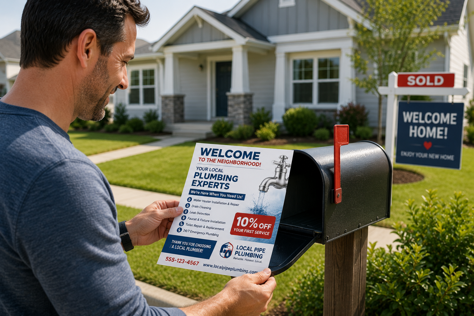 Mailbox containing a plumbing welcome postcard in front of a recently purchased home promoting plumbing services to new homeowners.