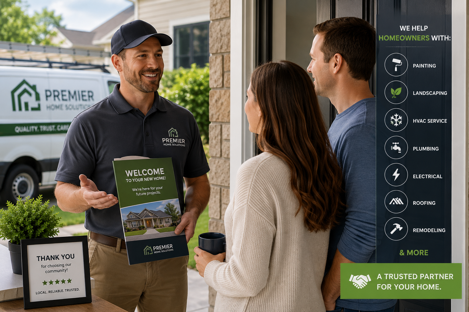How to market your contracting business to new homeowners with a professional home service contractor introducing services at the door.