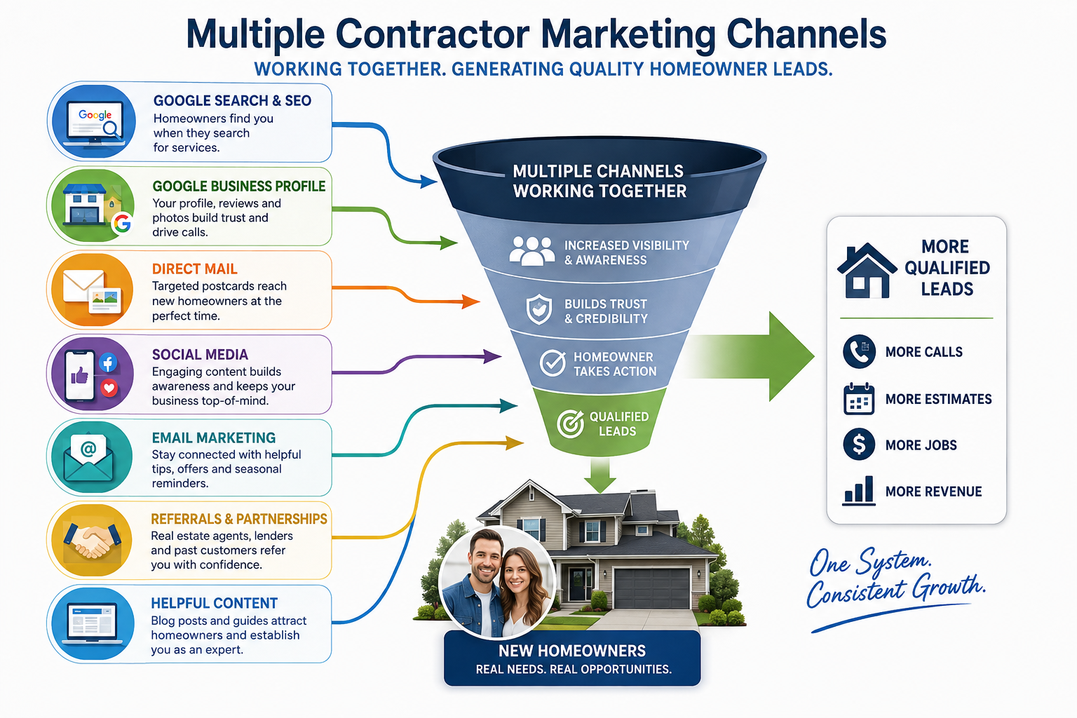 Illustration showing multiple contractor marketing channels working together to generate qualified homeowner leads.