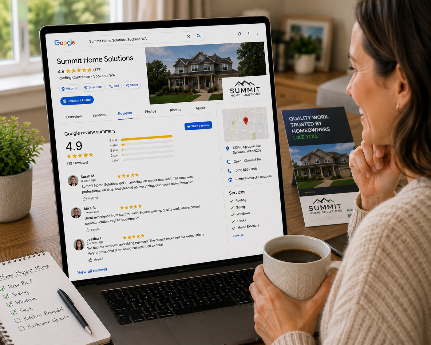 Happy homeowner reading five-star Google reviews for a local contractor after receiving the company's marketing and researching its services online.