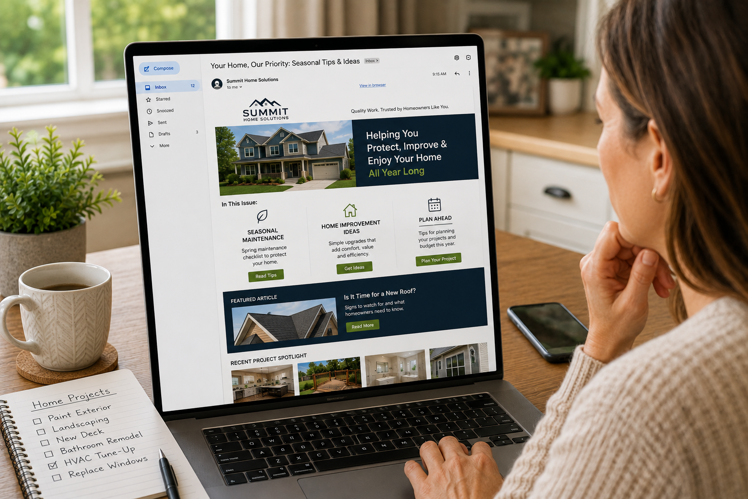 New homeowner reading a contractor's educational email newsletter featuring seasonal maintenance advice, home improvement ideas, and project planning tips.