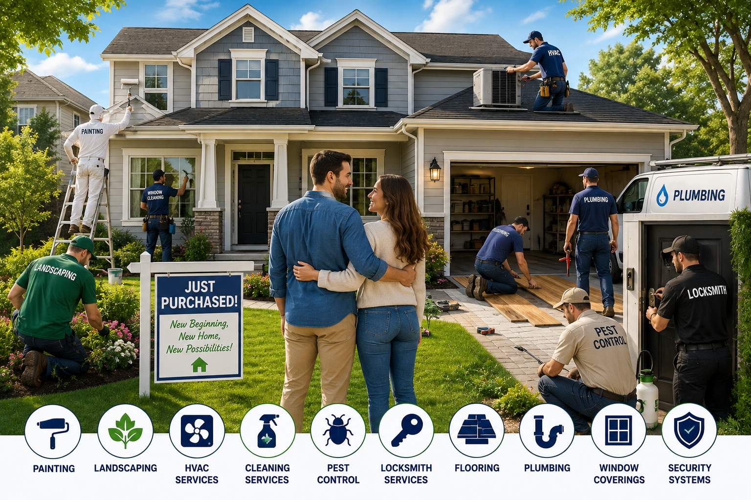 New homeowners hiring multiple contractors during their first year of homeownership, illustrating the high demand for home services after purchasing a home.