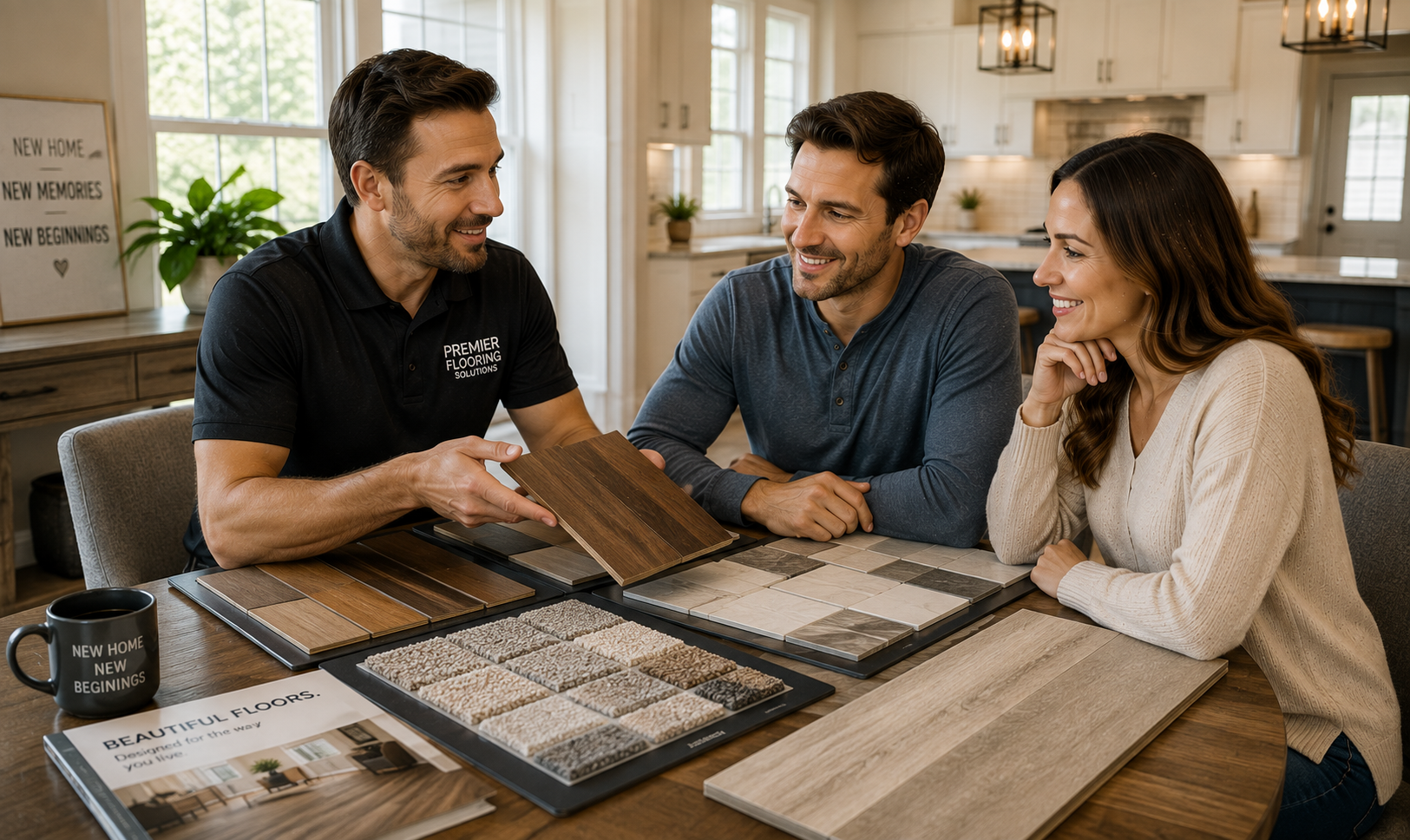 Professional flooring consultant meeting with homeowners at their kitchen table to review hardwood flooring, tile, carpet, and luxury vinyl flooring options shortly after purchasing their new home.