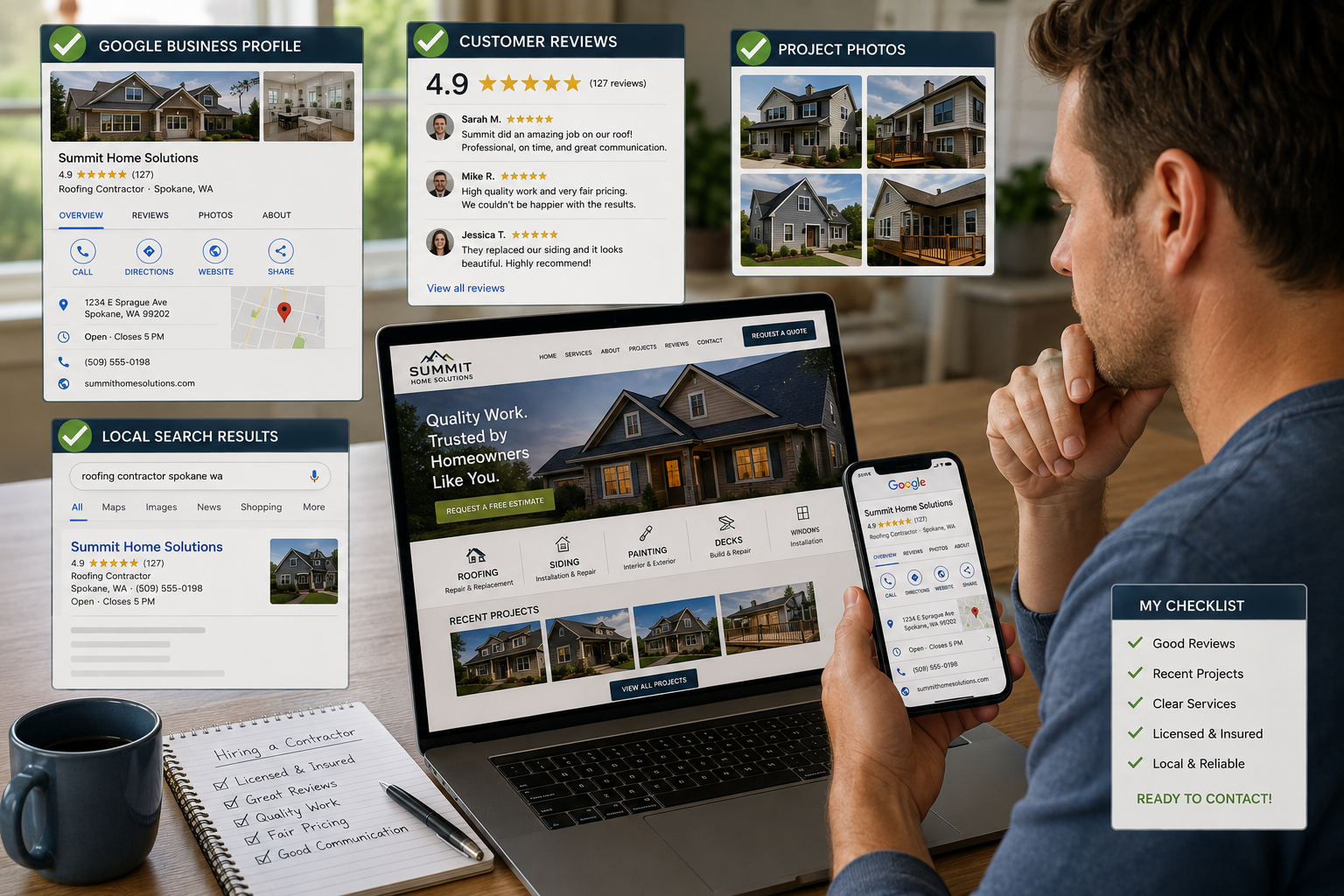 New homeowner comparing a contractor's Google Business Profile, customer reviews, project photos, website, and local search information before making contact.