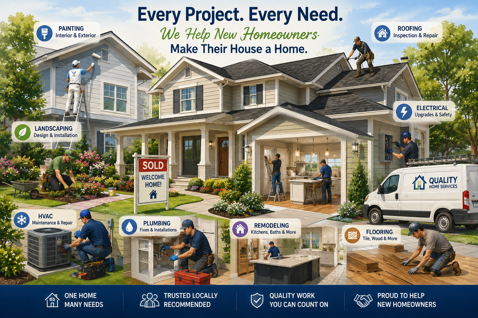 Illustration showing a recently purchased home surrounded by contractors providing painting, landscaping, HVAC, plumbing, electrical, roofing, flooring, and remodeling services.