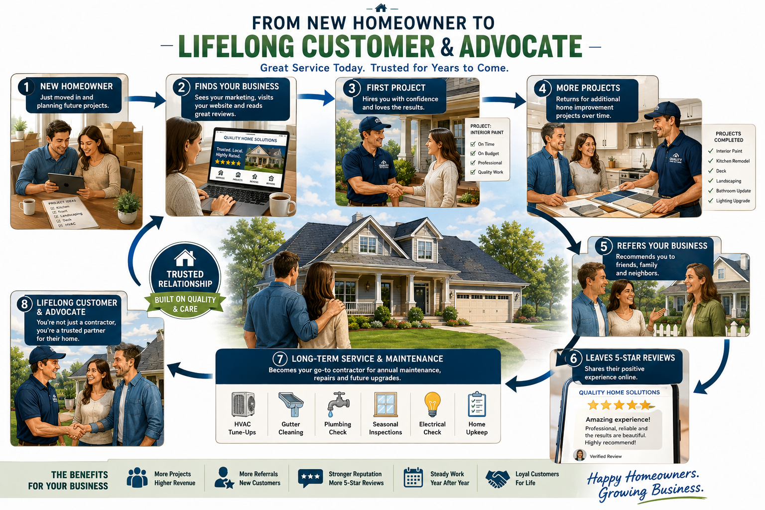 Infographic showing how contractors can use recent home sales leads, direct mail, a professional website, Local SEO, Google Business Profile, educational content, reviews, referrals, and repeat business to turn new homeowners into long-term customers.