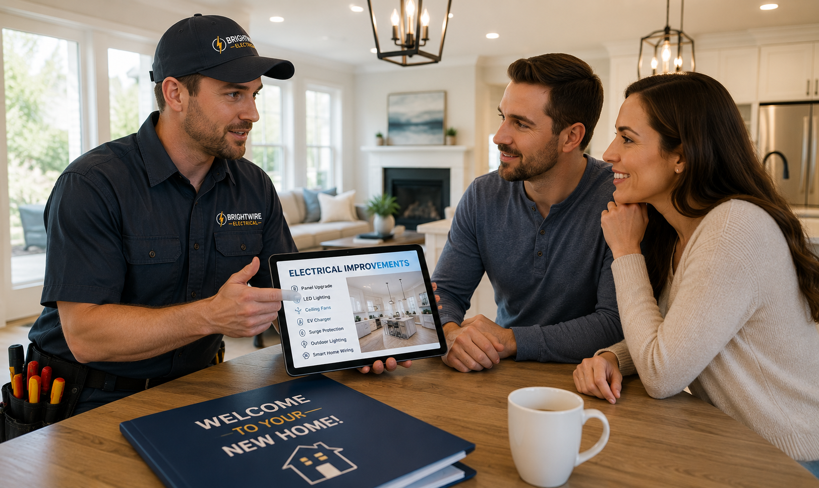 Licensed electrician discussing electrical improvements with homeowners shortly after they purchase their new home.