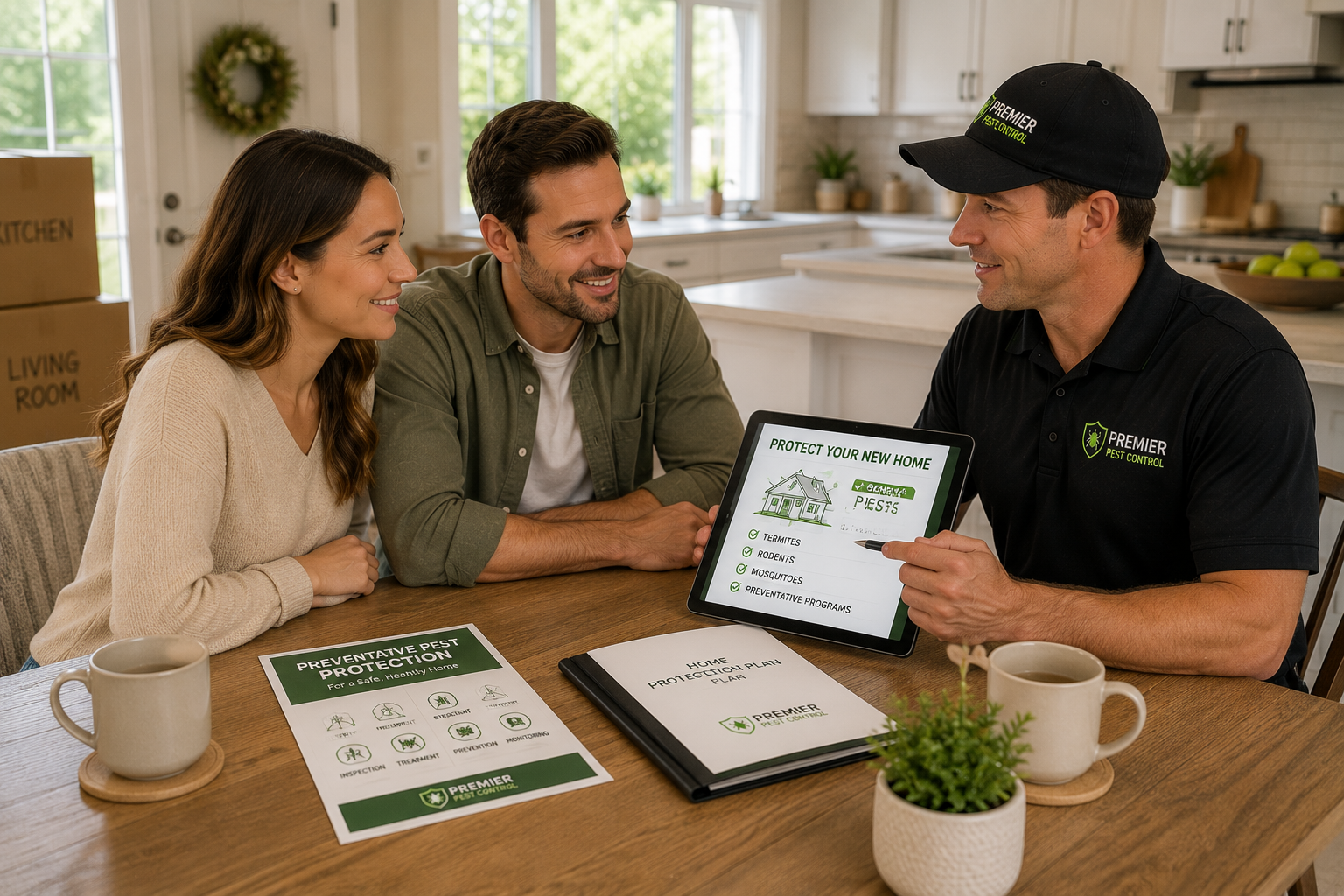 Licensed pest control technician discussing preventative pest protection with homeowners shortly after purchasing their new home.