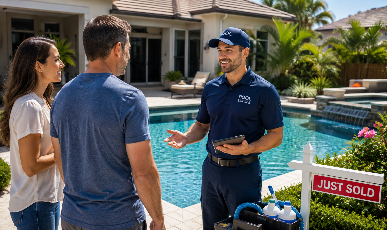 New homeowner meeting with a professional pool service technician beside a backyard swimming pool after purchasing a new home.