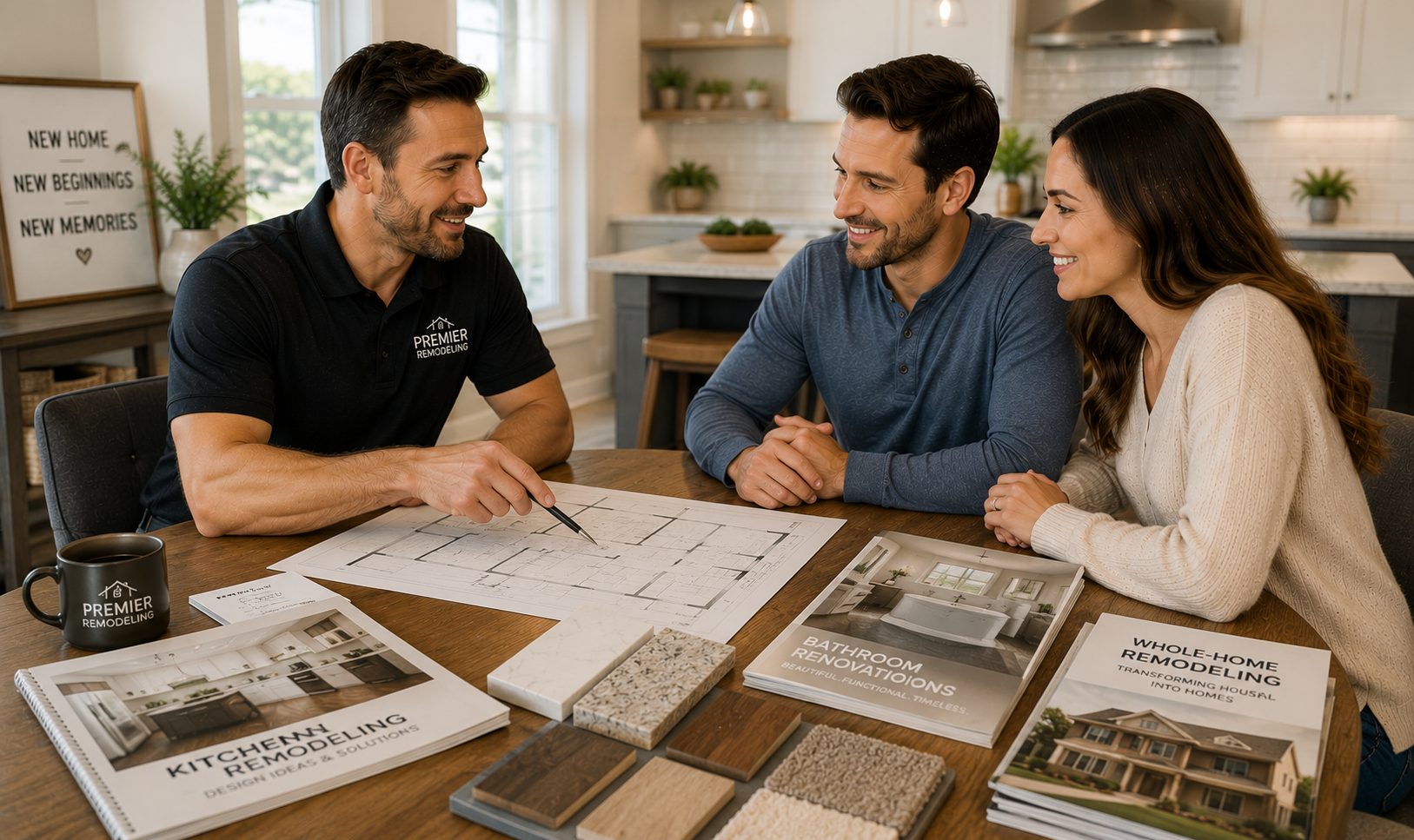 new-homeowner-remodeling-consultation Professional remodeling contractor meeting with homeowners at their kitchen table to review kitchen remodeling, bathroom renovation, and whole-home remodeling plans shortly after purchasing their new home.