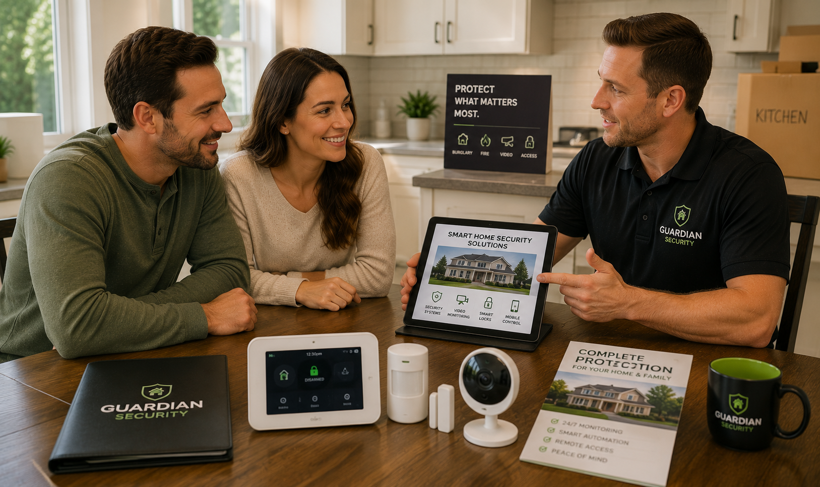 Professional security system consultant meeting with homeowners at their kitchen table to review smart home security options shortly after purchasing their new home.