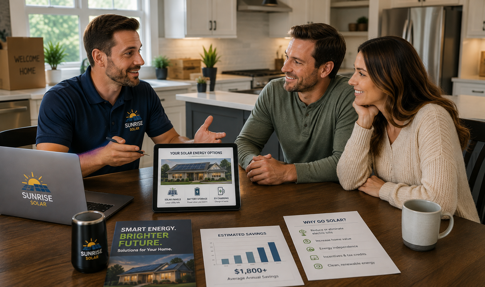 Professional solar consultant meeting with homeowners at their kitchen table to review solar energy options shortly after purchasing their new home.