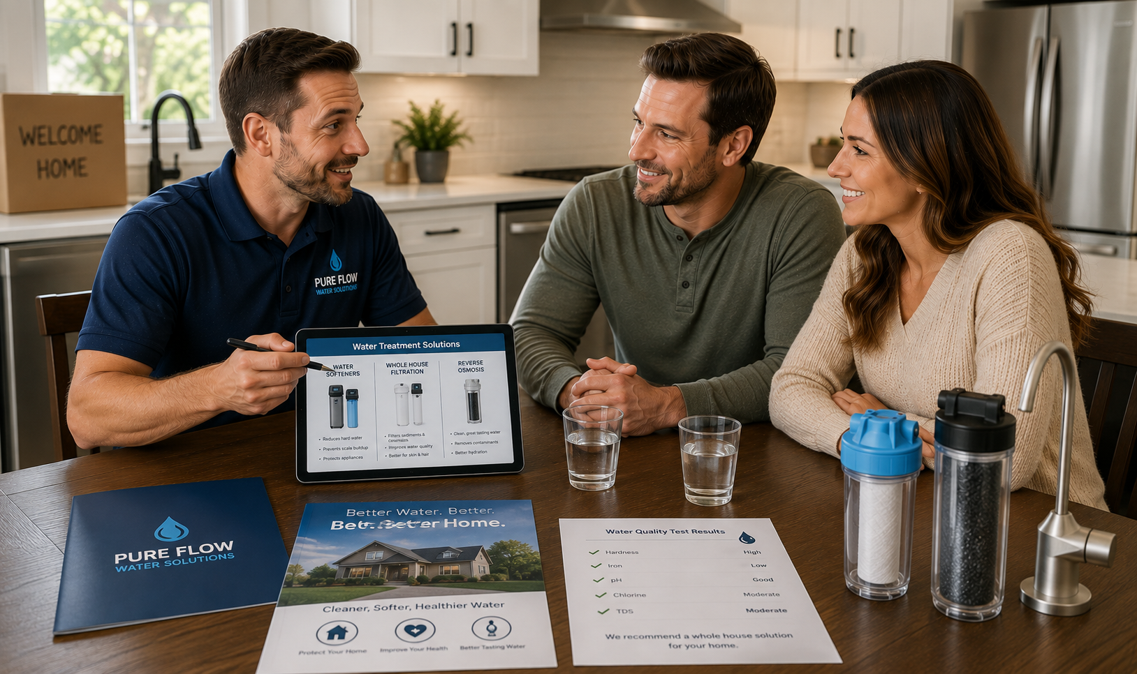 Professional water treatment consultant meeting with homeowners at their kitchen table to review water softener and filtration options shortly after purchasing their new home.