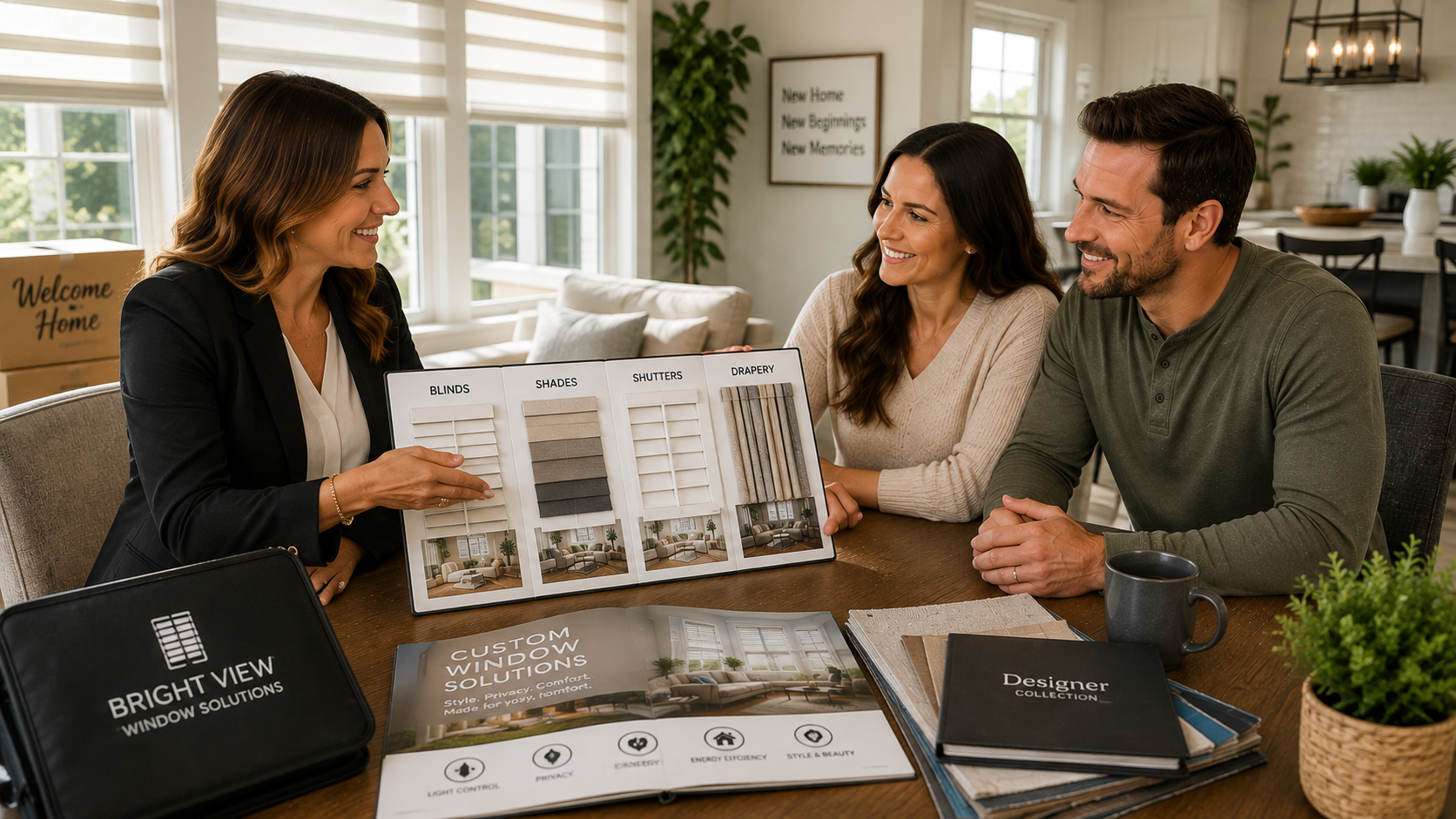 Professional window treatment consultant meeting with homeowners at their kitchen table to review custom blinds, shutters, and shade options shortly after purchasing their new home.