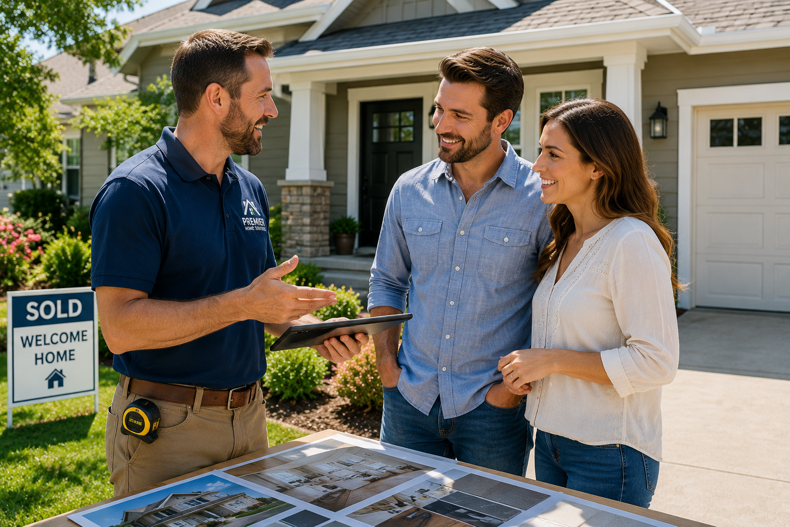 Professional contractor discussing home improvement ideas with happy new homeowners standing in front of their recently purchased home.