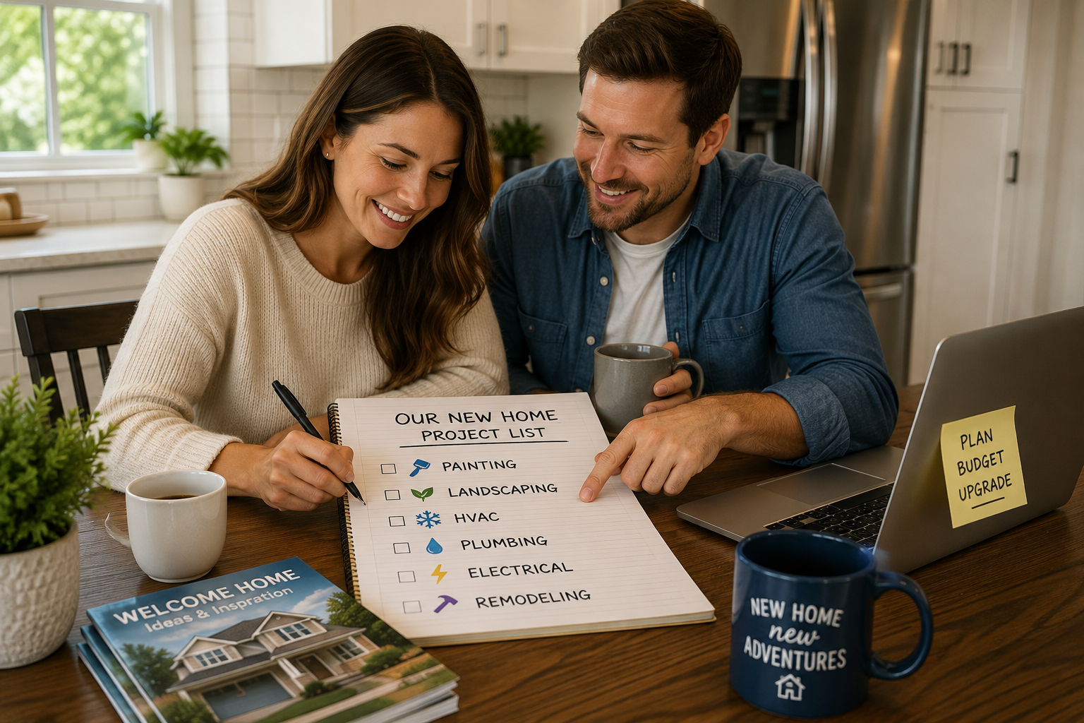 New homeowners sitting at their kitchen table creating a list of painting, landscaping, HVAC, plumbing, electrical, and remodeling projects for their recently purchased home.