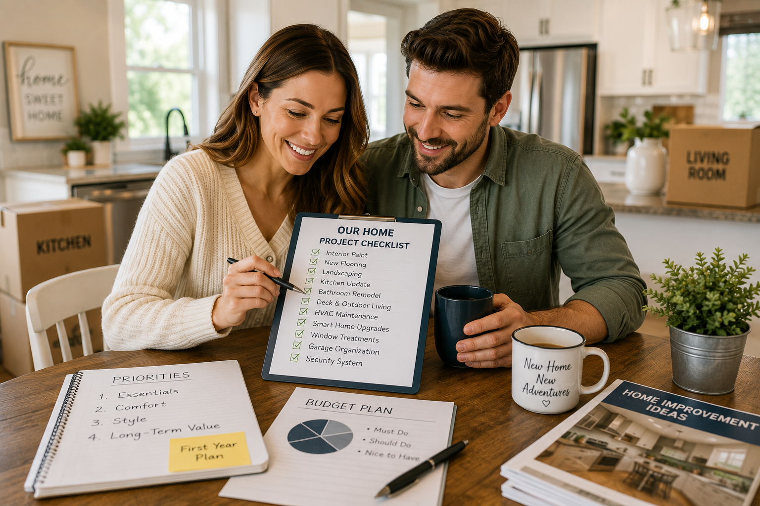 Happy new homeowners sitting at their kitchen table reviewing a checklist of home improvement projects while discussing priorities for their first year of homeownership.
