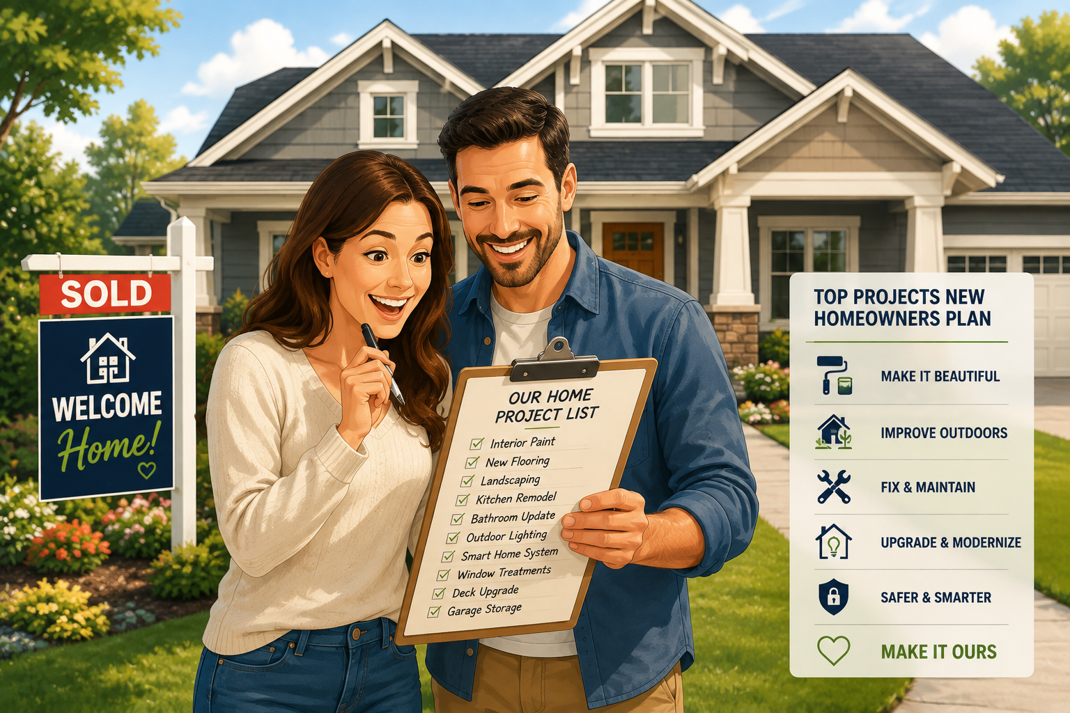 Illustration showing excited new homeowners standing in front of their recently purchased home while creating a list of future home improvement projects.