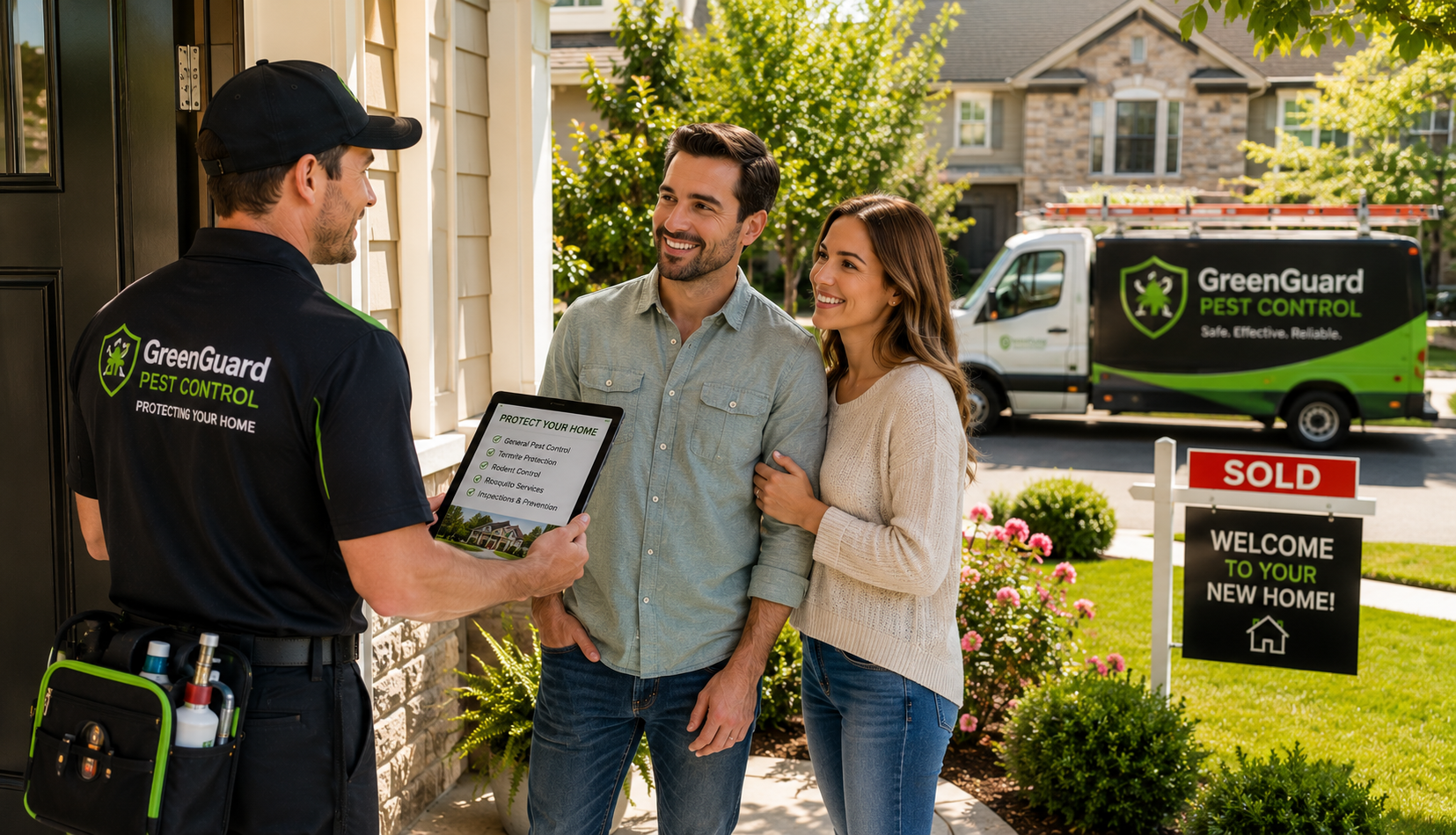 Professional pest control technician arriving at a recently purchased home to discuss preventative pest control services with new homeowners.
