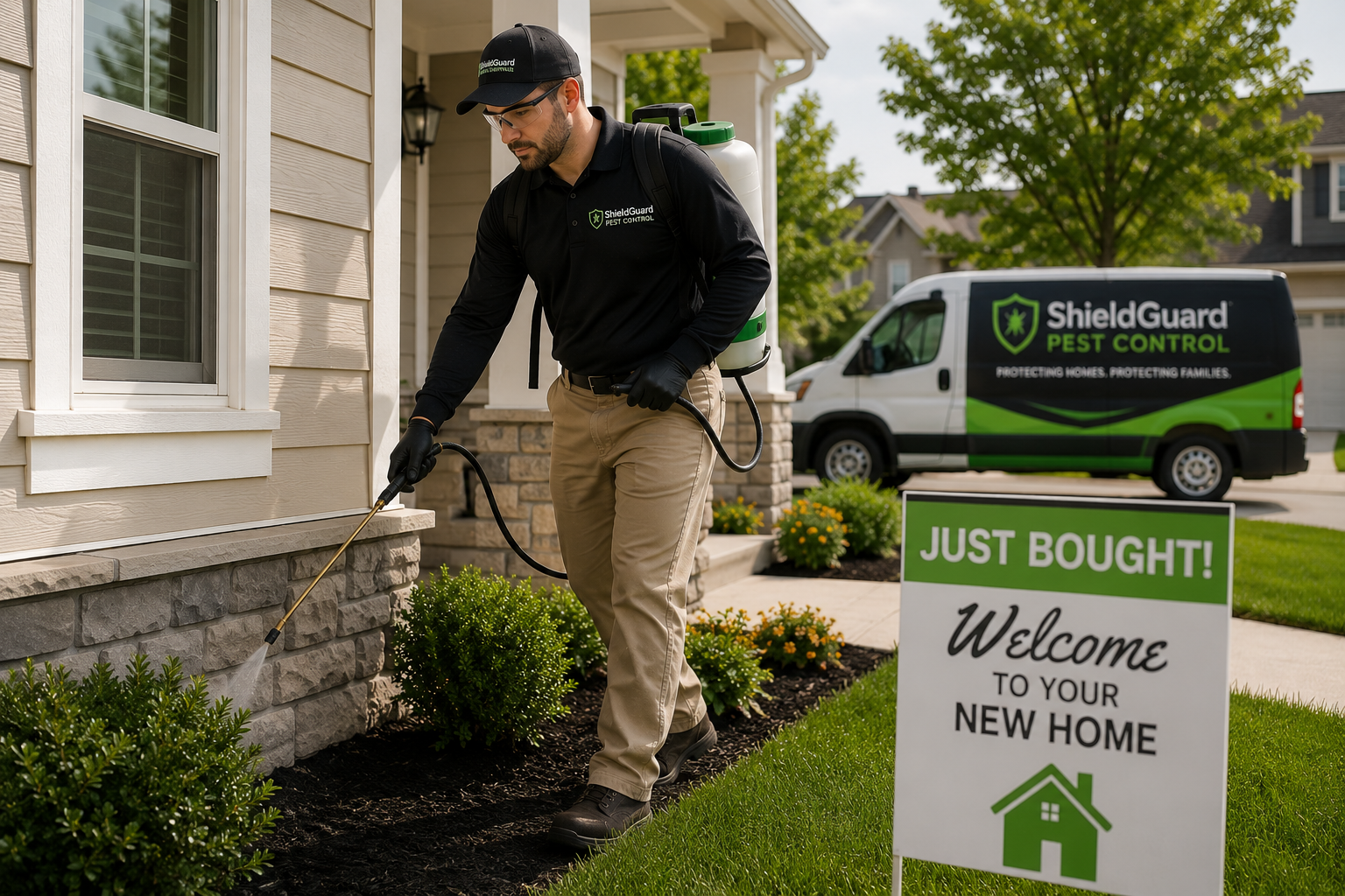 Professional pest control technician performing preventative exterior treatment at a recently purchased home.