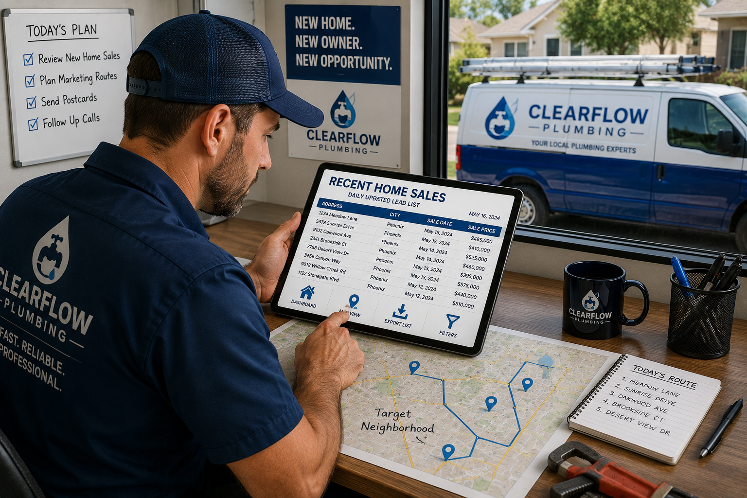 Plumbing contractor reviewing recent home sales leads to plan marketing and service routes.