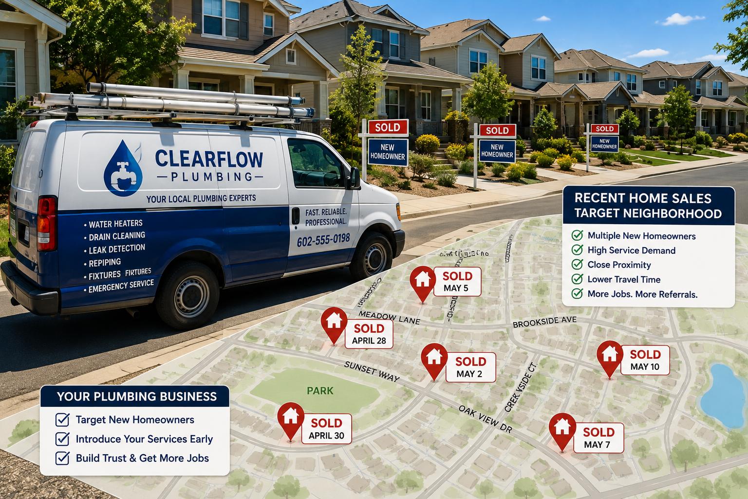 Professional plumbing service vehicle marketing to multiple recent home sales within the same neighborhood.