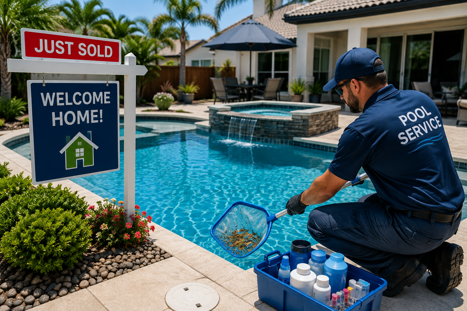 Professional pool service technician performing weekly maintenance at a recently purchased home.