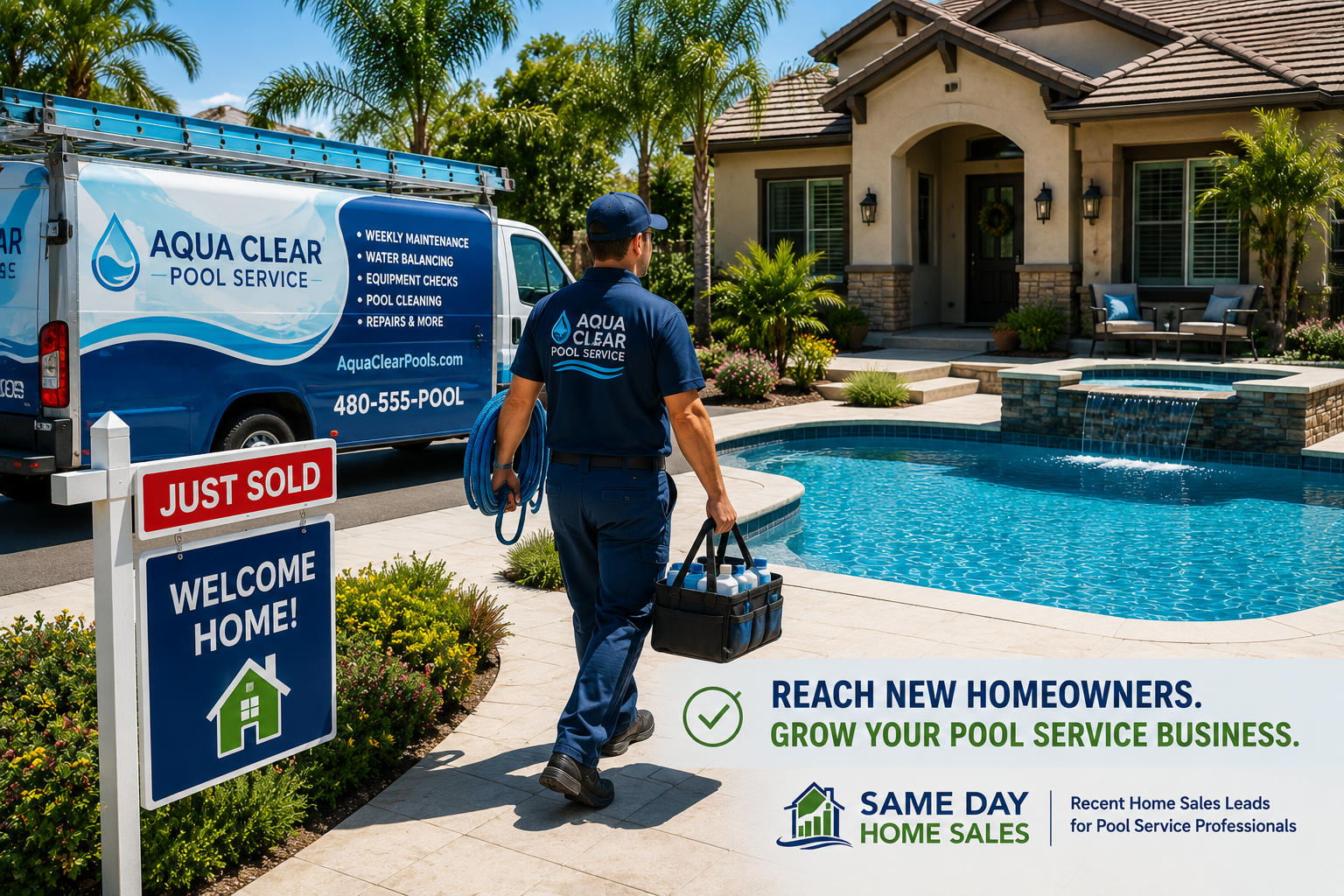 Branded pool service truck arriving at a recently purchased home with a sparkling backyard swimming pool, representing successful marketing using Same Day Home Sales.
