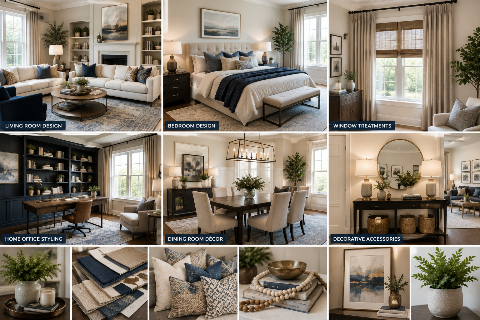 Collage showing living room decorating, bedroom design, window treatments, home office styling, dining room décor, and decorative accessories for new homeowners.