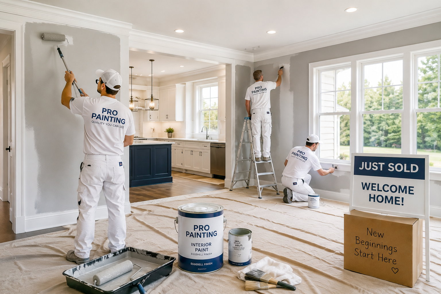 Professional painters painting the interior of a recently purchased home before the new homeowners move in, illustrating one of the most common home improvement projects after a home sale.