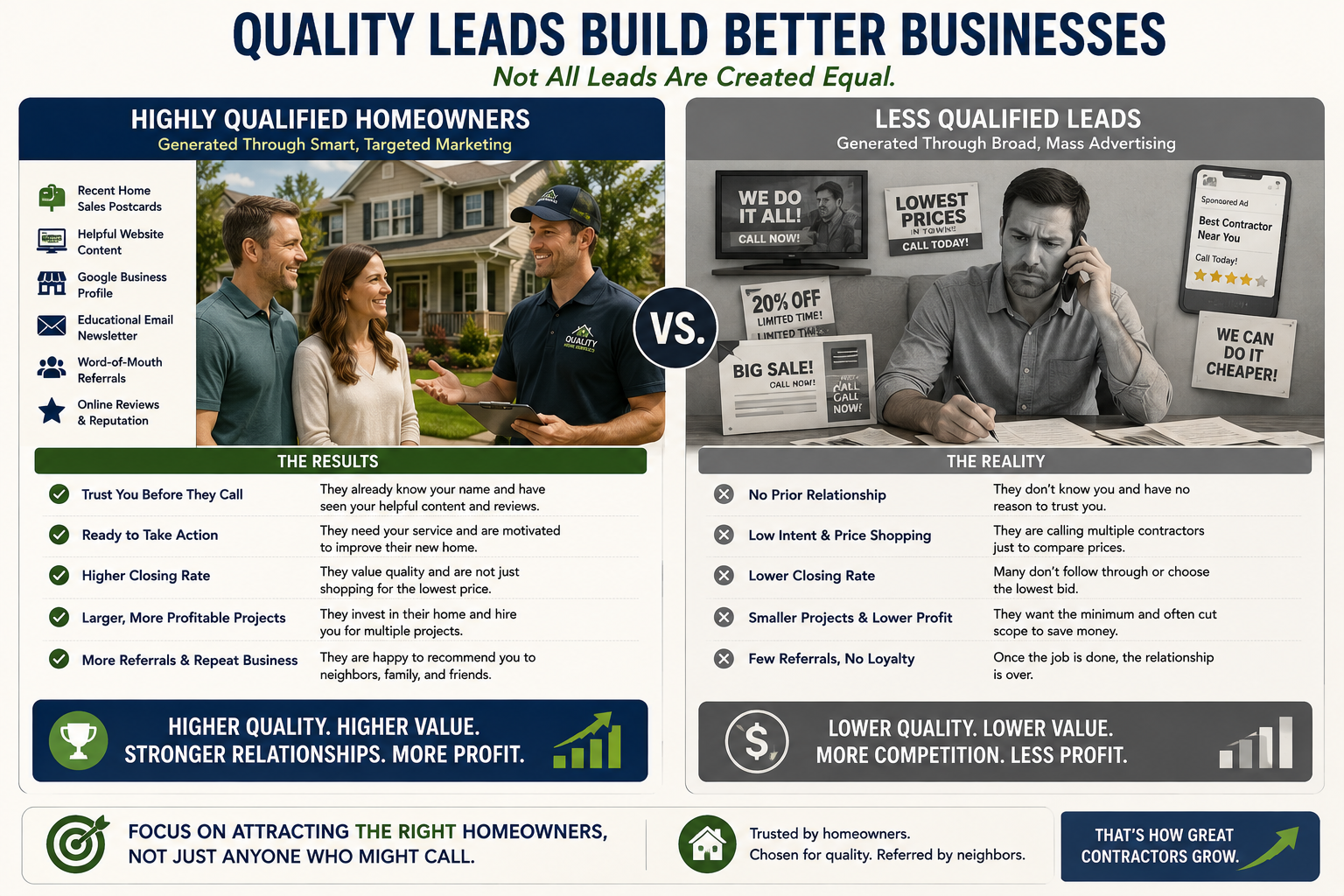 Illustration comparing highly qualified homeowners who trust a contractor with less qualified leads generated through broad advertising.
