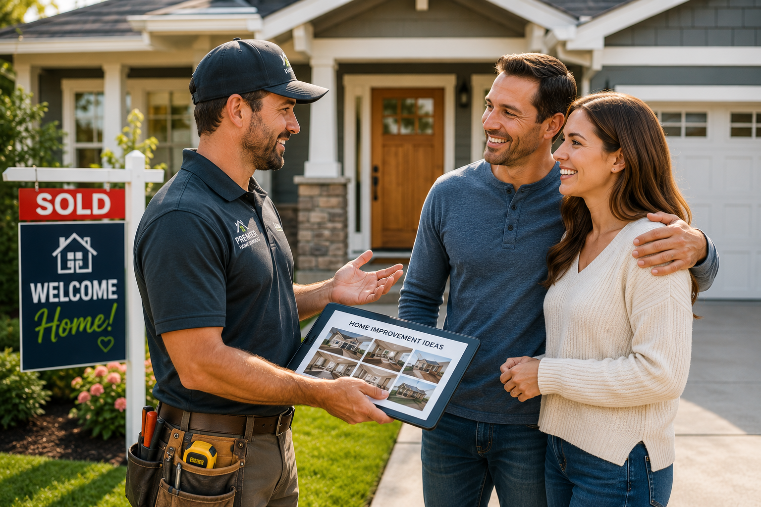 Professional home service contractor welcoming happy new homeowners while discussing home improvement projects in front of a recently purchased home.