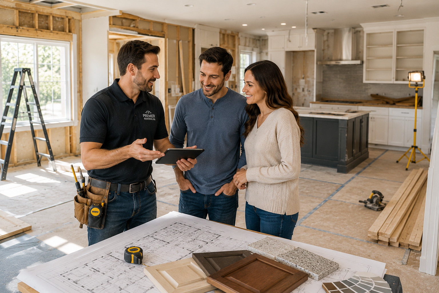 remodeling-project-new-home Professional remodeling contractor reviewing renovation progress with new homeowners during a whole-home remodeling project shortly after purchasing their home.
