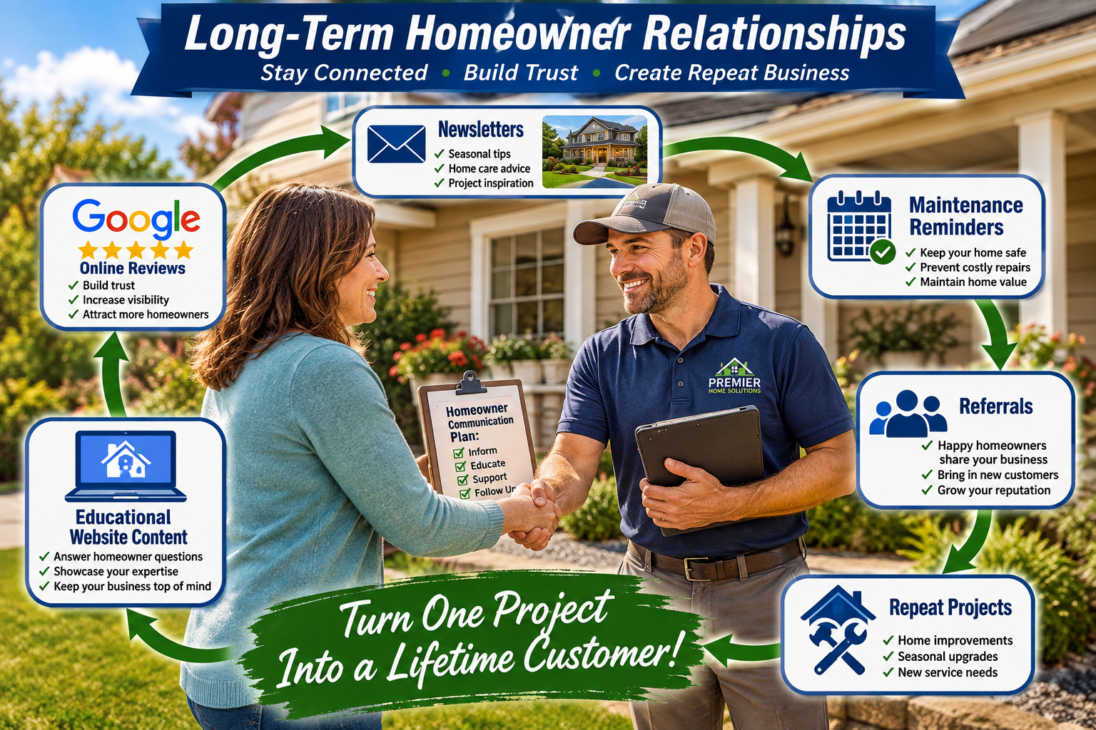 Illustration showing a contractor maintaining long-term communication with homeowners through newsletters, maintenance reminders, referrals, and repeat projects.