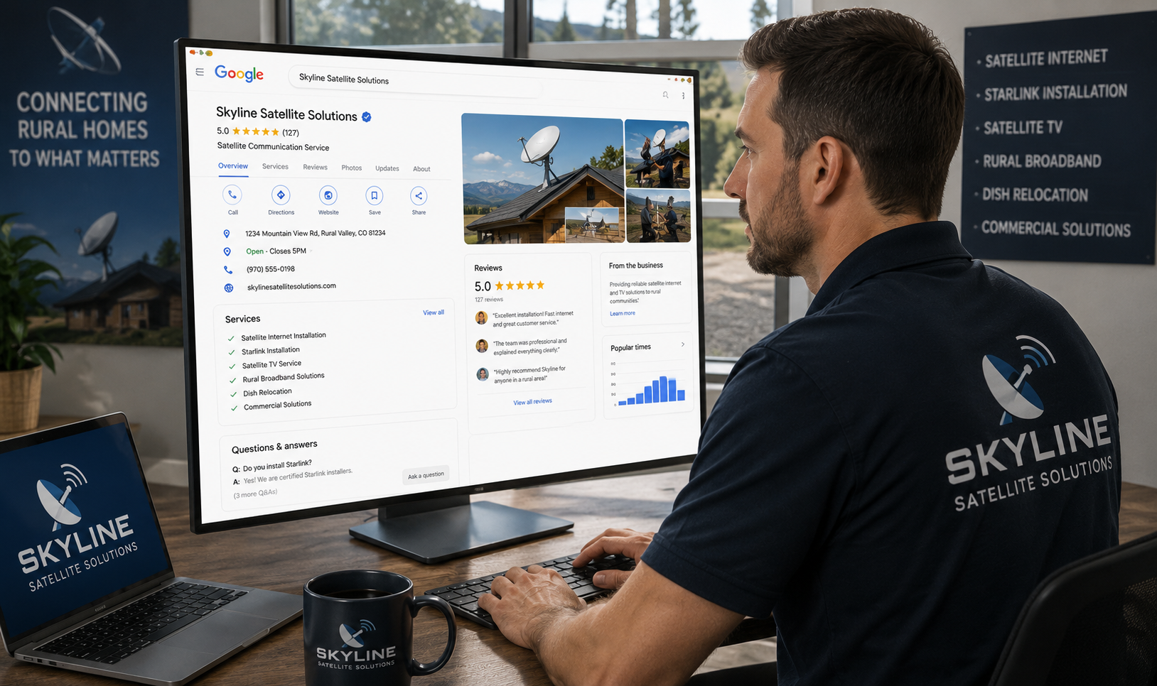 satellite-company-google-business-profile Professional satellite installation company reviewing its Google Business Profile with customer reviews, satellite installation photos, service information, and local search visibility.